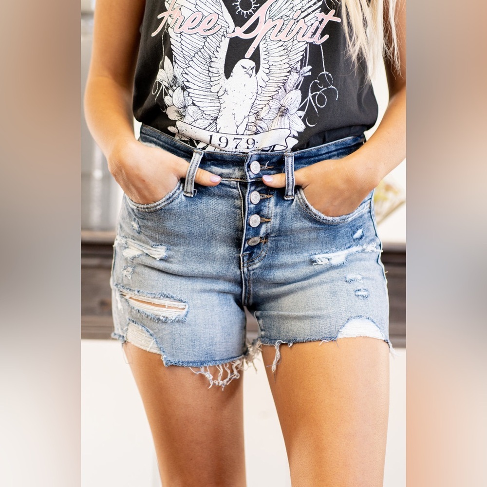 Vervet “Sweet Sea” High Rise Button Fly Distressed Cut Off Jean Shorts Size S